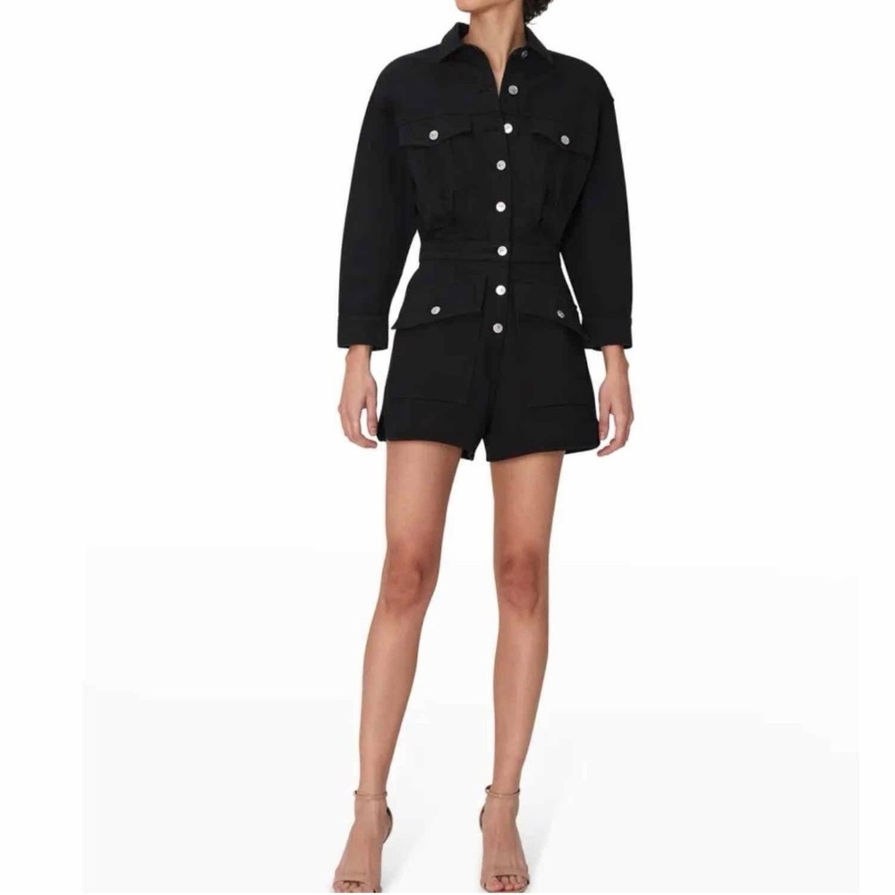 7 For All Mankind Black Denim Romper Button Up Long Sleeve Boho Chic‎ Large